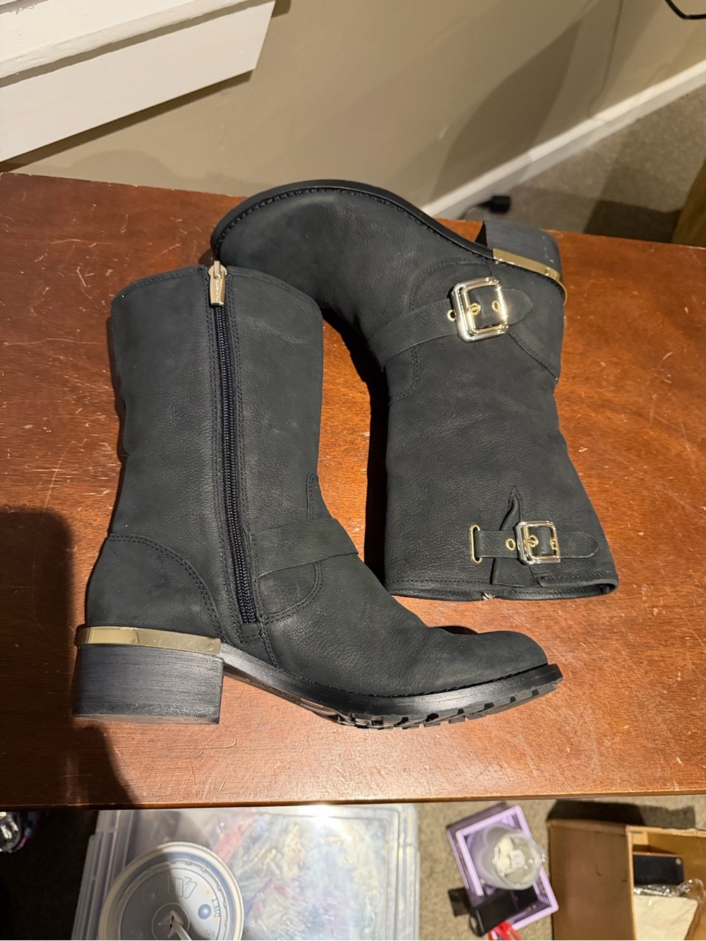 Vince Camuto “Windy” 7.5 Black Mid-Calf Buckle Moto/Riding Boots Gold Hardware - Picture 7 of 14